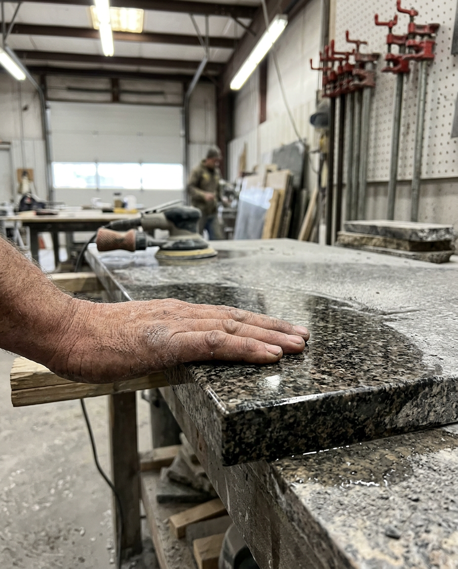 Hand running along the polished edge of a dark granite countertop in our workshop